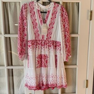 White & Pink Embroidered Tiered Dress - Hale Bob NWT Small